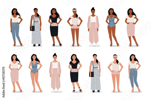 Stylish modern woman in flat style. Set of vector female characters with different skin colors in different outfits. Vector illustration.