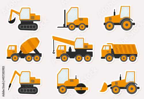 Set of cute vector stickers of construction machinery. Flat style.