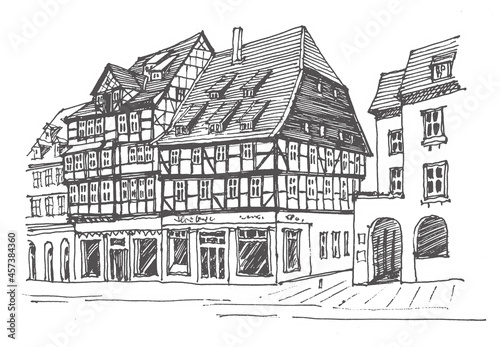 Travel sketch of Quedlinburg, Germany. Hand drawing of the old town, Quedlinburg. Historical building line art. Hand drawn travel postcard. Urban sketch in black color isolated on a white background.