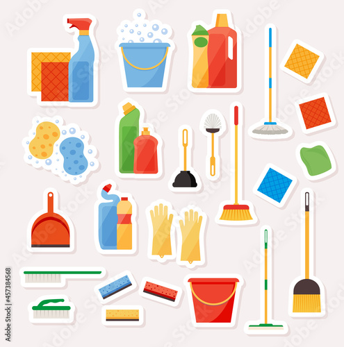 Set of cute vector stickers cleaning. Flat style.