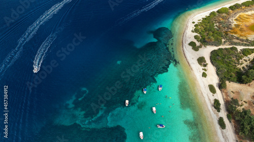 Aerial drone photo of paradise exotic azure beach of Agios Ioannis a famous yacht and sail boat visit in Ionian island of Meganisi  Greece