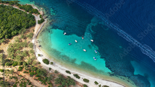 Aerial drone photo of paradise exotic azure beach of Agios Ioannis a famous yacht and sail boat visit in Ionian island of Meganisi  Greece