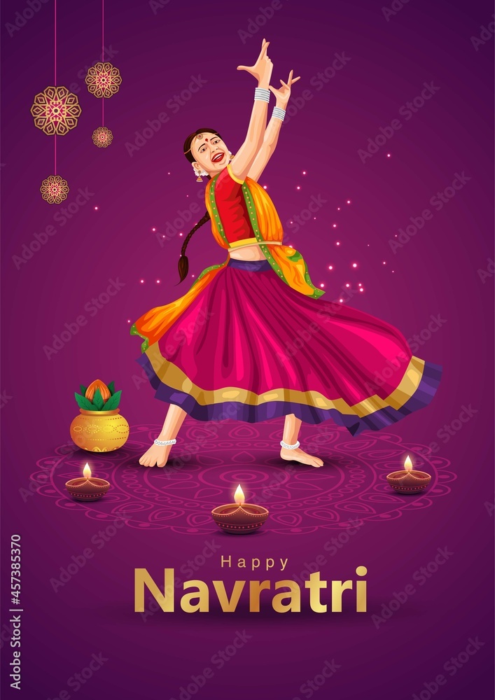 Garba Night poster for Navratri Dussehra festival of India. vector illustration design of indian playing Dandiya dance.