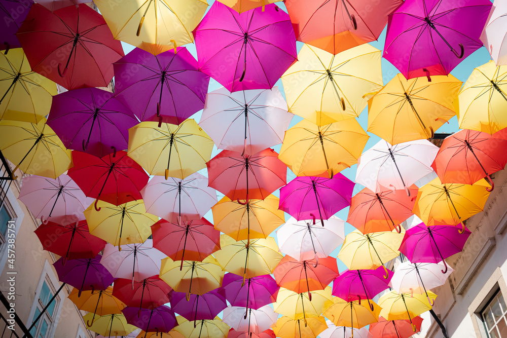 Street decorated with colored umbrellas in Águeda, Portugal