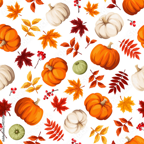 Vector autumn seamless pattern with orange, brown and yellow autumn leaves, orange and white pumpkins, and rowanberries.