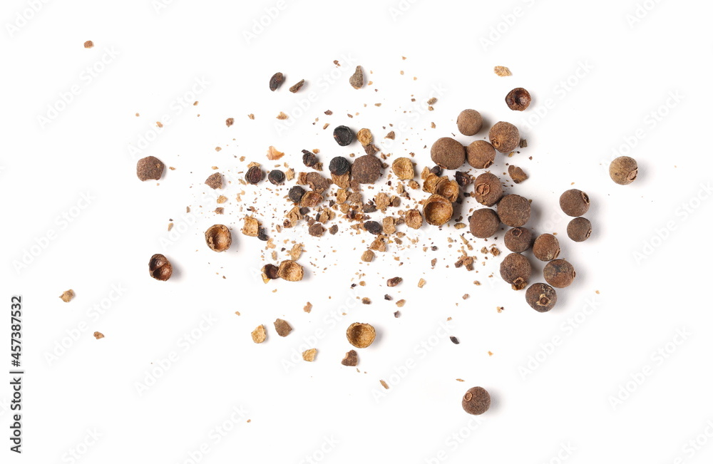 Allspice, pimento spice, Jamaican pepper and shavings isolated on white background, top view Allspice, pimento spice, Jamaican pepper and shavings isolated on white background, top view