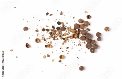 Allspice, pimento spice, Jamaican pepper and shavings isolated on white background, top view