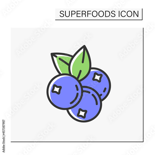  Blueberries color icon. Superfood. Organic healthy energetic food for balanced nutrition. Detox and weight loss supplements. Vegetarian food. Isolated vector illustration
