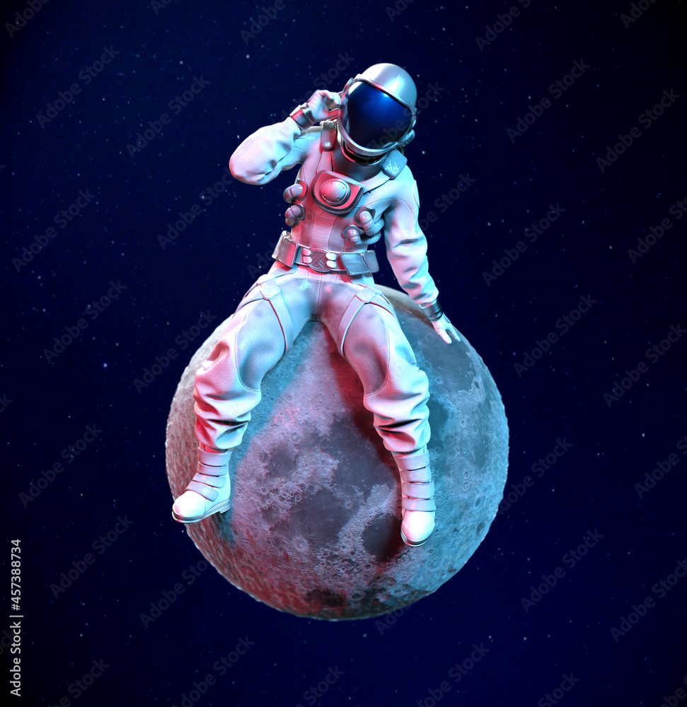 Astronaut sitting on the moon with hand on helmet, 3D illustration - obrazy, fototapety, plakaty 