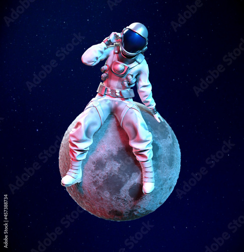 Obraz na płótnie Astronaut sitting on the moon with hand on helmet, 3D illustration