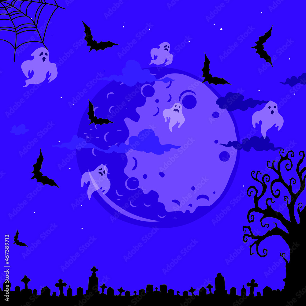 Halloween illustration, ghosts, bats and graveyard
