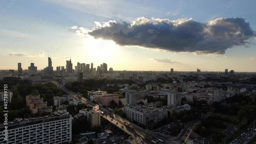 Warsaw downtown seen from a drone during sunset, Poland Warsaw downtown seen from a drone during sunset, Poland