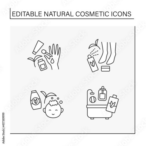 Natural cosmetic line icons set. Serum for feet moisturizing, beauty procedure for baby, lotion and mask. Self-care concept. Isolated vector illustrations. Editable stroke