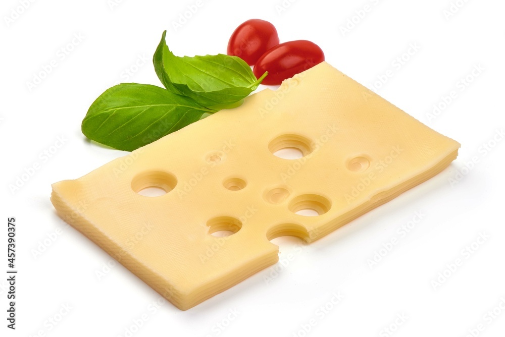Emmental cheese slices, Swiss cheese, isolated on white background