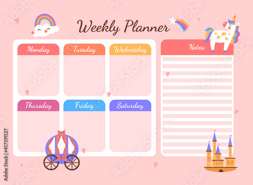 Weekly planner for girls. Pink calendar for school, recording subjects by day. Scheduling, time management, place for important notes. Cartoon flat vector illustrations isolated on pink background