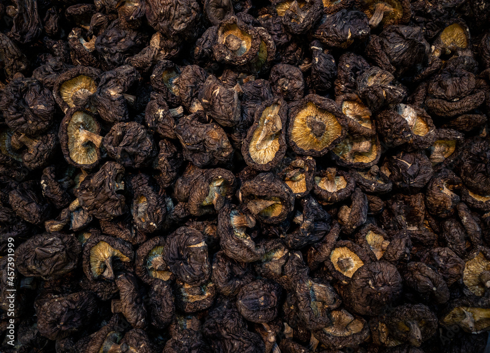 Dried shiitake mushrooms being sold at local night market in Taiwan. Dried shiitake mushrooms being sold at local night market in Taiwan.