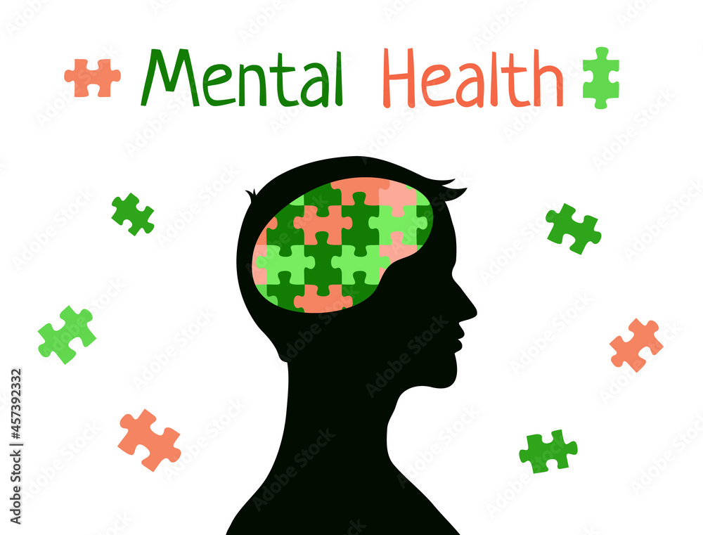 Mental health concept. Puzzle in brain of man. Male head silhouette