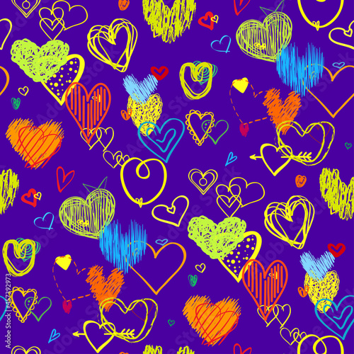 Seamless dark background with hearts. Abstract geometric wallpaper of the surface. Hand drawn love signs. Print for banners, posters, t-shirts and textiles