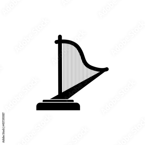 Vector black silhouette of a harp isolated on a white background.