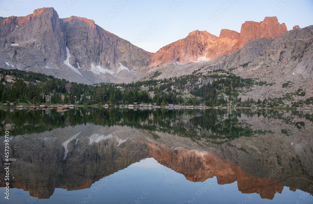 Sunrise at the beautiful Cirque of Towers, seen from Lonesome Lake, Wind River Range, Wyoming, USA