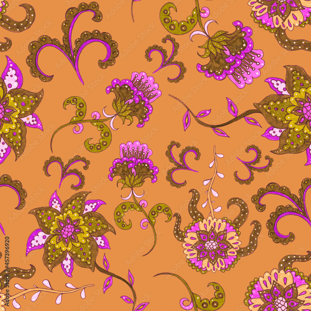 Watercolor seamless pattern with folky flowers and leaves in ethnic style. Floral decoration. Traditional paisley pattern. Textile design texture.Tribal ethnic vintage seamless pattern.	