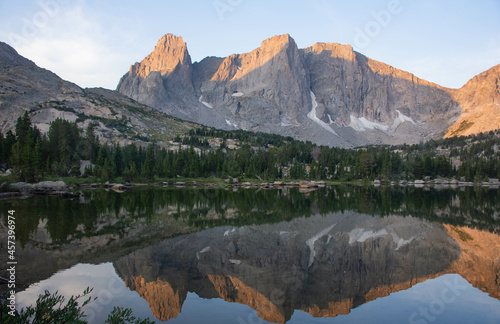 Sunrise at the beautiful Cirque of Towers, seen from Lonesome Lake, Wind River Range, Wyoming, USA photo