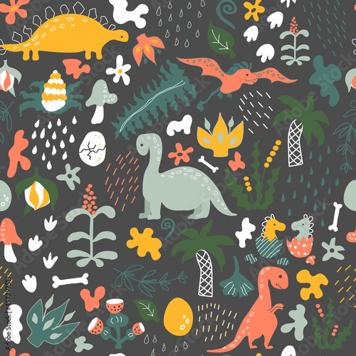 Dino pattern. Vector background. Seamless pattern with dinosaurs, prehistoric plants, spots, traces,  raindrops and eggs. Baby print