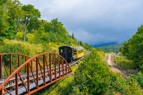 Modern Biodiesel Locomotive In the White Mountains of New Hampshire takes tourists to the top of Mount Washington