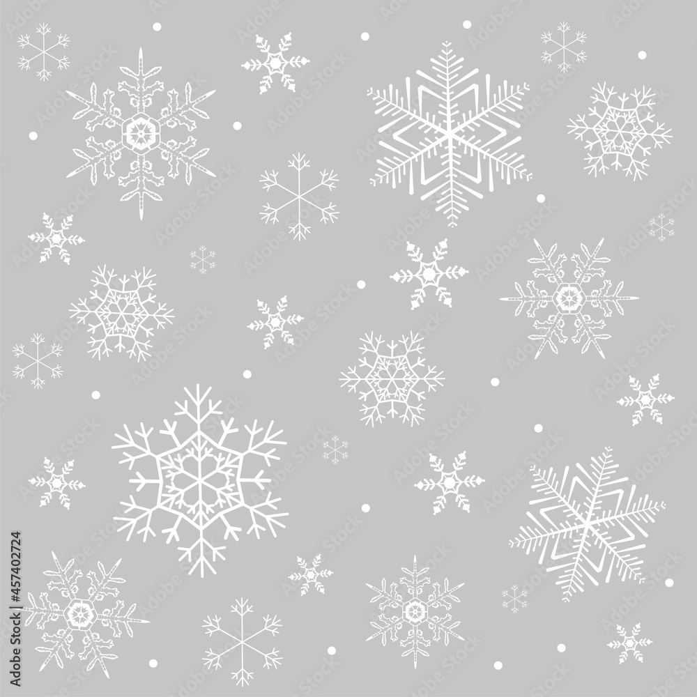 Nordic style seamless winter pattern with white snowflakes and gray background. Flat style winter holiday design for Christmas greeting card, decor, banner, flyer, poster, fabric.Vector illustration Nordic style seamless winter pattern with white snowflakes and gray background. Flat style winter holiday design for Christmas greeting card, decor, banner, flyer, poster, fabric.Vector illustration