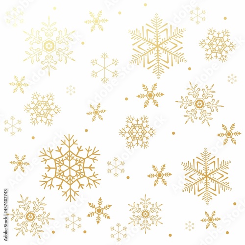 Christmas seamless winter pattern with gold snowflakes and white background.