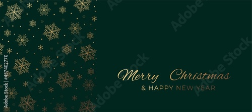 Merry Christmas and Happy New year elegant greeting card with golden snowflakes and green background. Luxury holiday design template for banner, invitation, wallpaper, background. Vector illustration