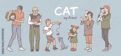 People of different ages with domestic cats. Poster with not pedigreed outline doodle vector pets.