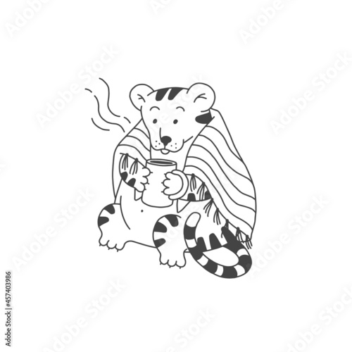 Fototapeta Naklejka Na Ścianę i Meble -  Tiger with hot drink cartoon outline black white cute character. Vector isolated illustration.