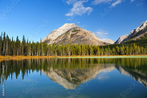 Single mountain reflected in the cold lake of the rocky mountains of Alberta