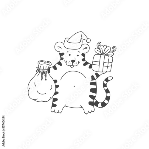 Tiger Santa Claus cartoon outline black white cute character. Vector isolated illustration.