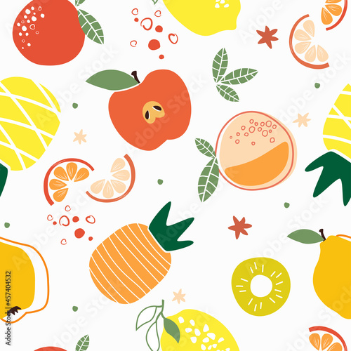 Fototapeta Naklejka Na Ścianę i Meble -  Seamless pattern with different exotic fruits. Apples, pears, pineapple, peach, tangerine. Useful natural vitamins, simple abstract forms, elements. Vector graphics.