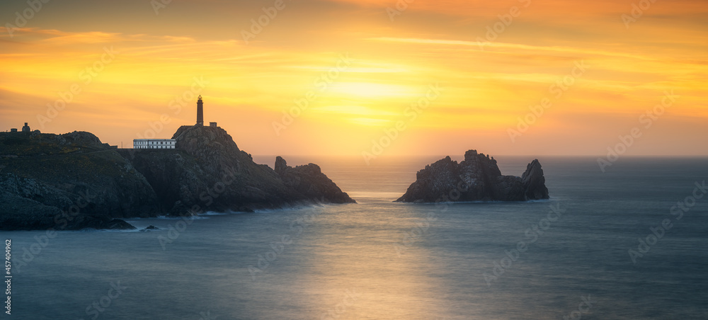 Cape Vilan lighthouse during sunset on the Death Coast. Galicia, Spain