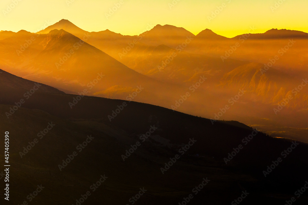 Sunbeams at sunrise in Pirin Mountains