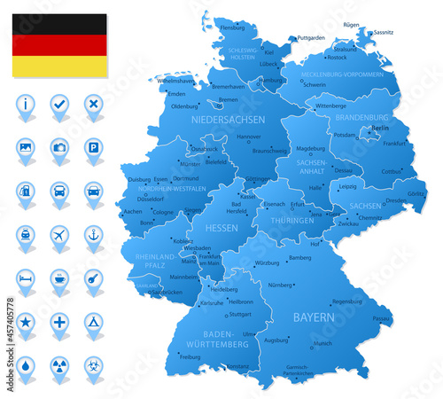 Blue map of Germany administrative divisions with travel infographic icons.