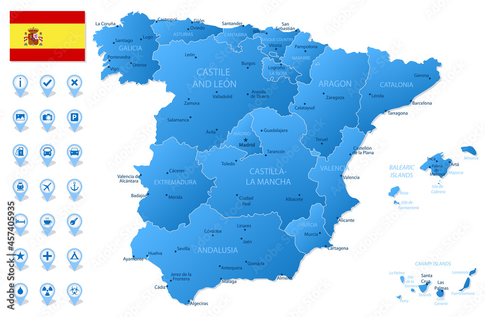 Blue map of Spain administrative divisions with travel infographic icons.