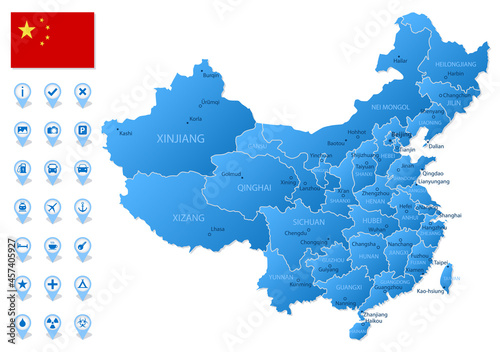 Blue map of China administrative divisions with travel infographic icons.