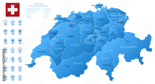 Blue map of Switzerland administrative divisions with travel infographic icons.