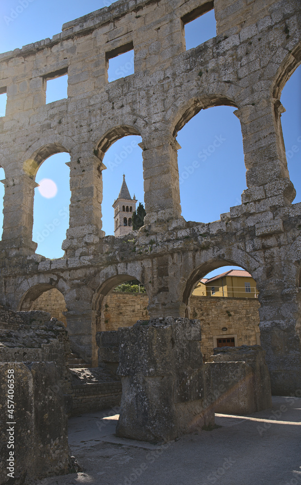 Pula, Croatia - August 20, 2021: Pula Arena - the only remaining Roman amphitheatre to have four side towers entirely preserved