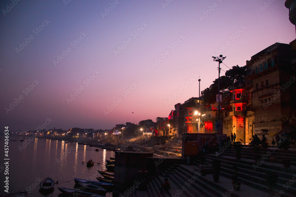 Ganga ghat in India during sunset