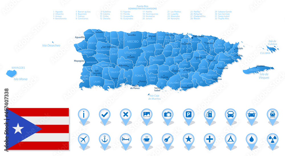 Pr State Blue map of Puerto Rico administrative divisions with travel ...