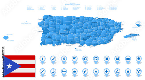 Blue map of Puerto Rico administrative divisions with travel infographic icons.