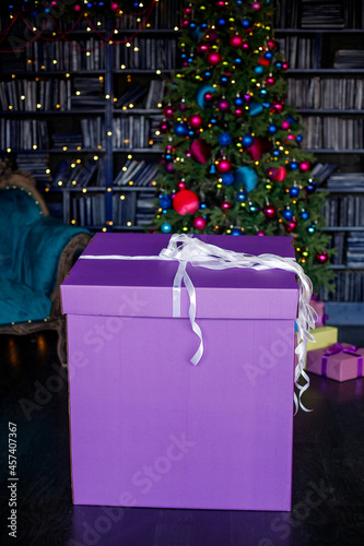 A gift in a large purple box near the Christmas tree. 