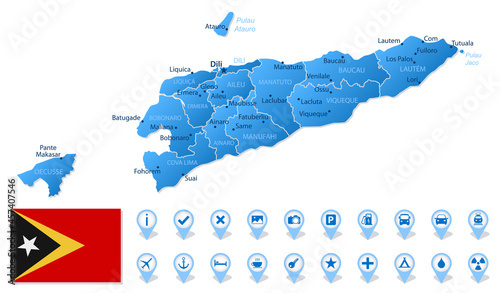 Blue map of East Timor administrative divisions with travel infographic icons.