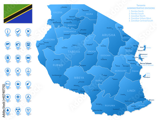 Blue map of Tanzania administrative divisions with travel infographic icons.