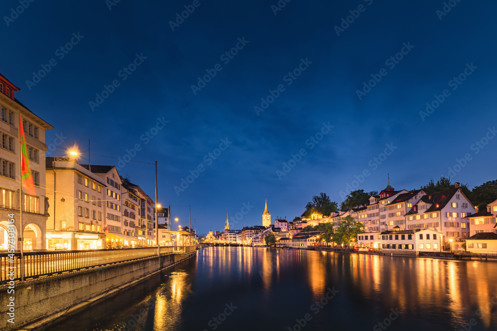 Cityscape of Zurich City and Illuminated Lights at Nightlife, La